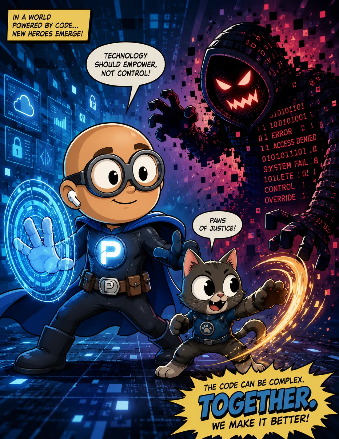 Comic-style illustration of a technology hero and cat confronting a digital code villain