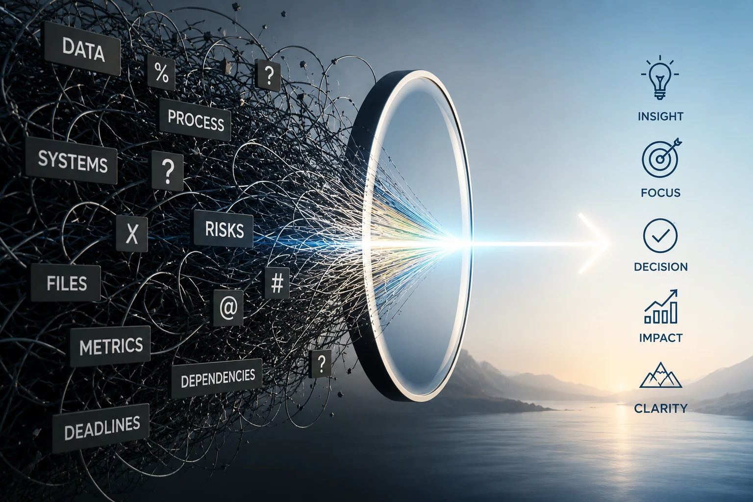 Complex data and processes passing through a focused lens to become insight and clarity