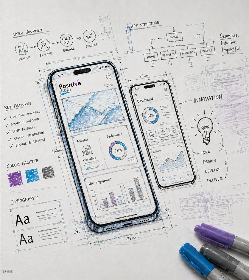 Concept sketch showing a Positive-Apps mobile product design